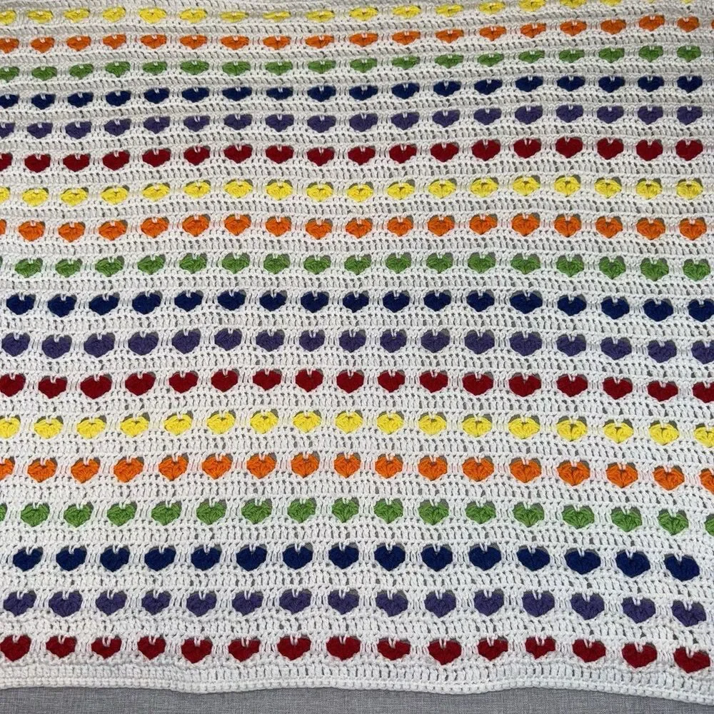 Handmade Crochet Rainbow Heart Baby Blanket Afghan Grandma Grannycore 34